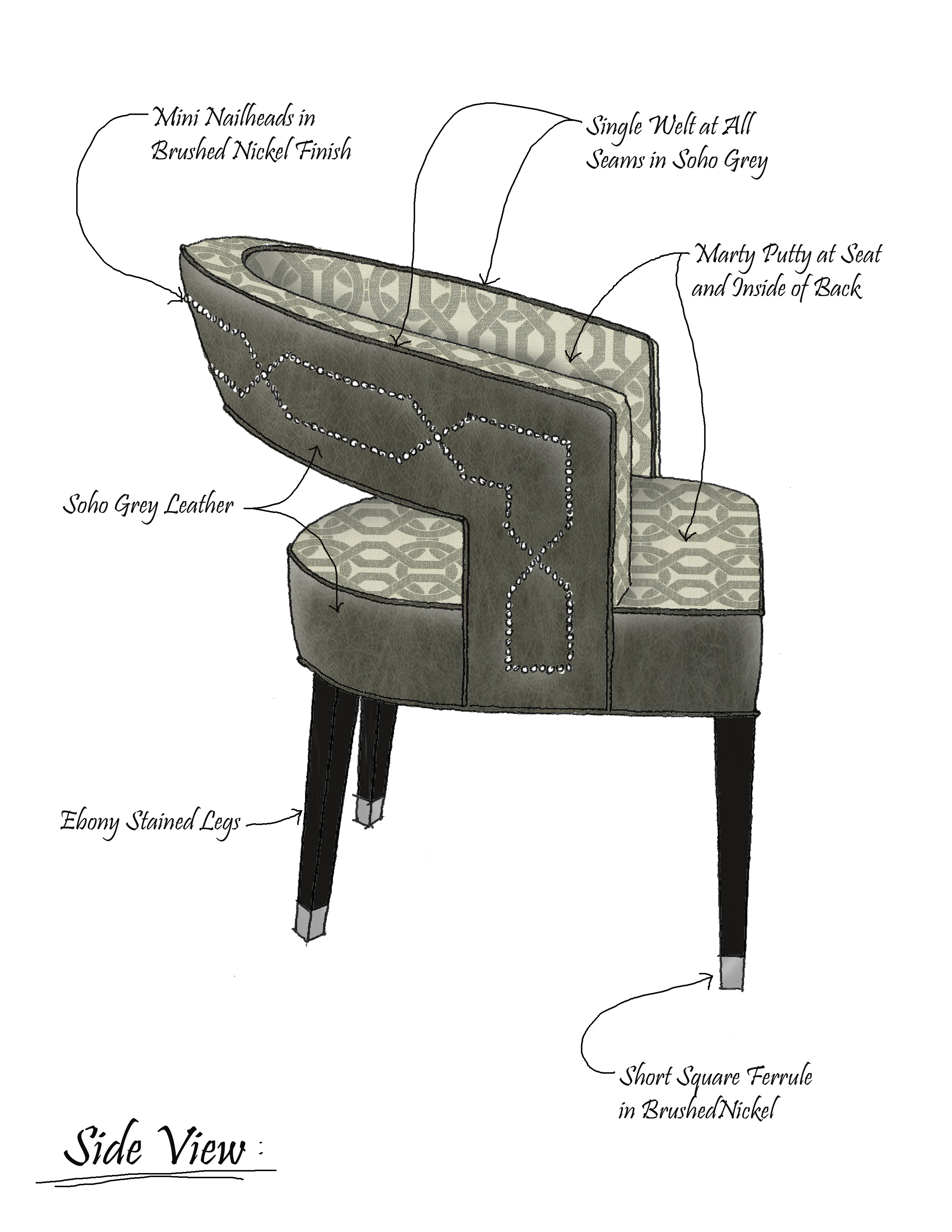 Annotated side-view design sketch of The Jeffrey Chair