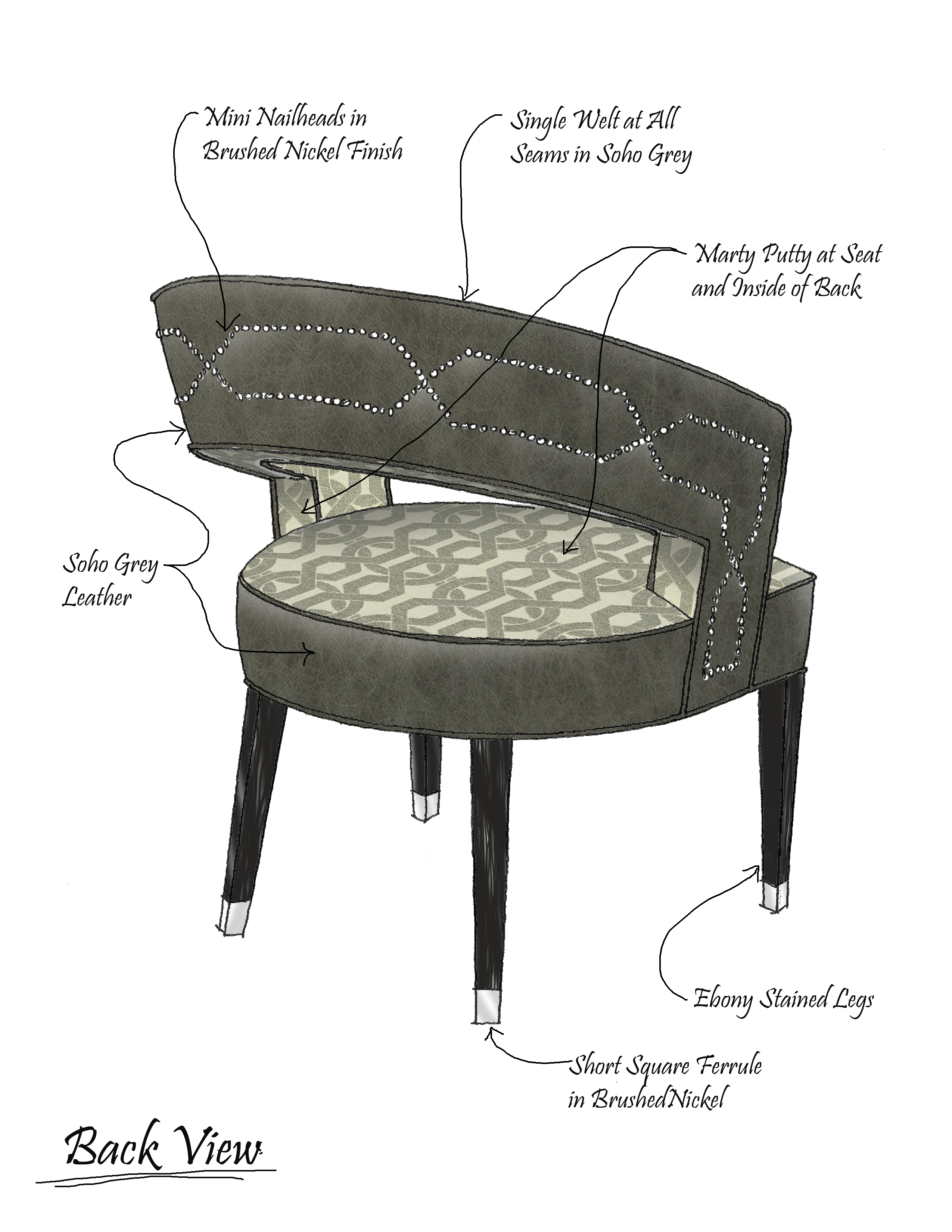 Annotated back-view design sketch of The Jeffrey Chair