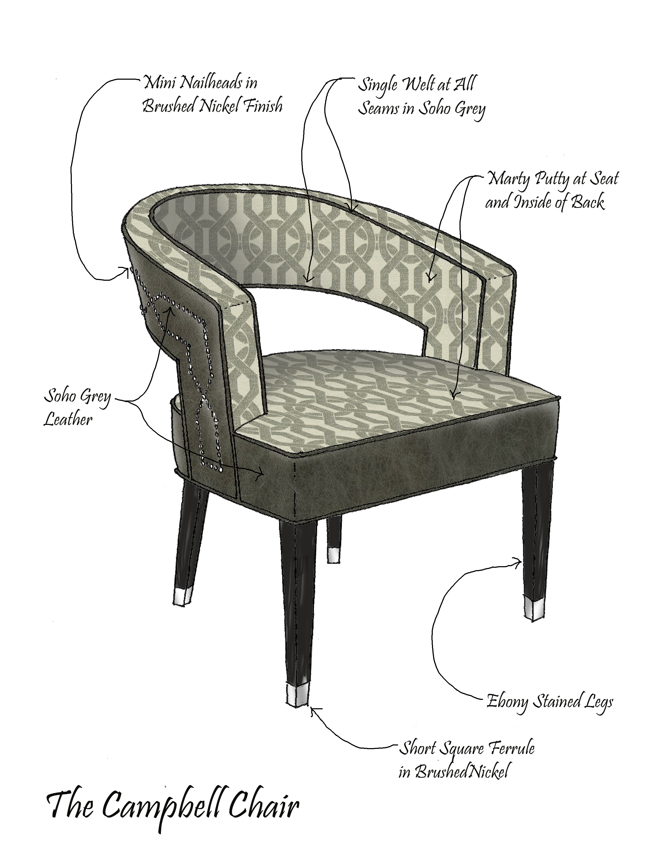 Annotated three-quarter-view design sketch of The Jeffrey Chair