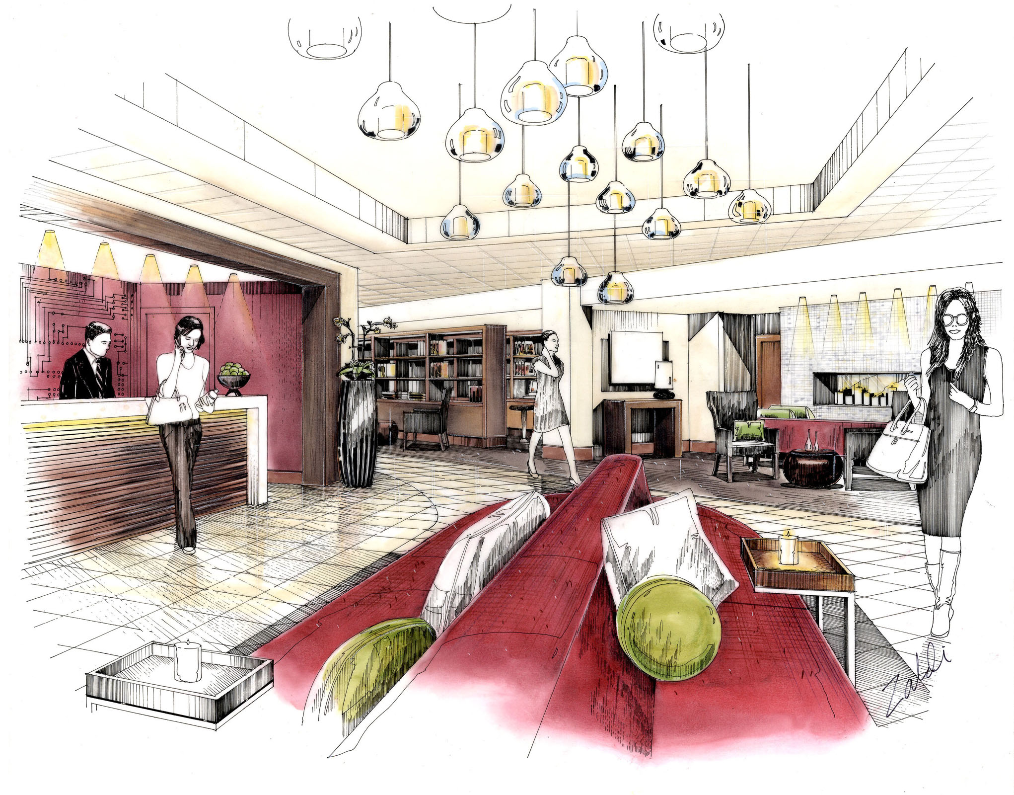 Hand-drawn color design rendering of the Crowne Plaza Hotel lobby