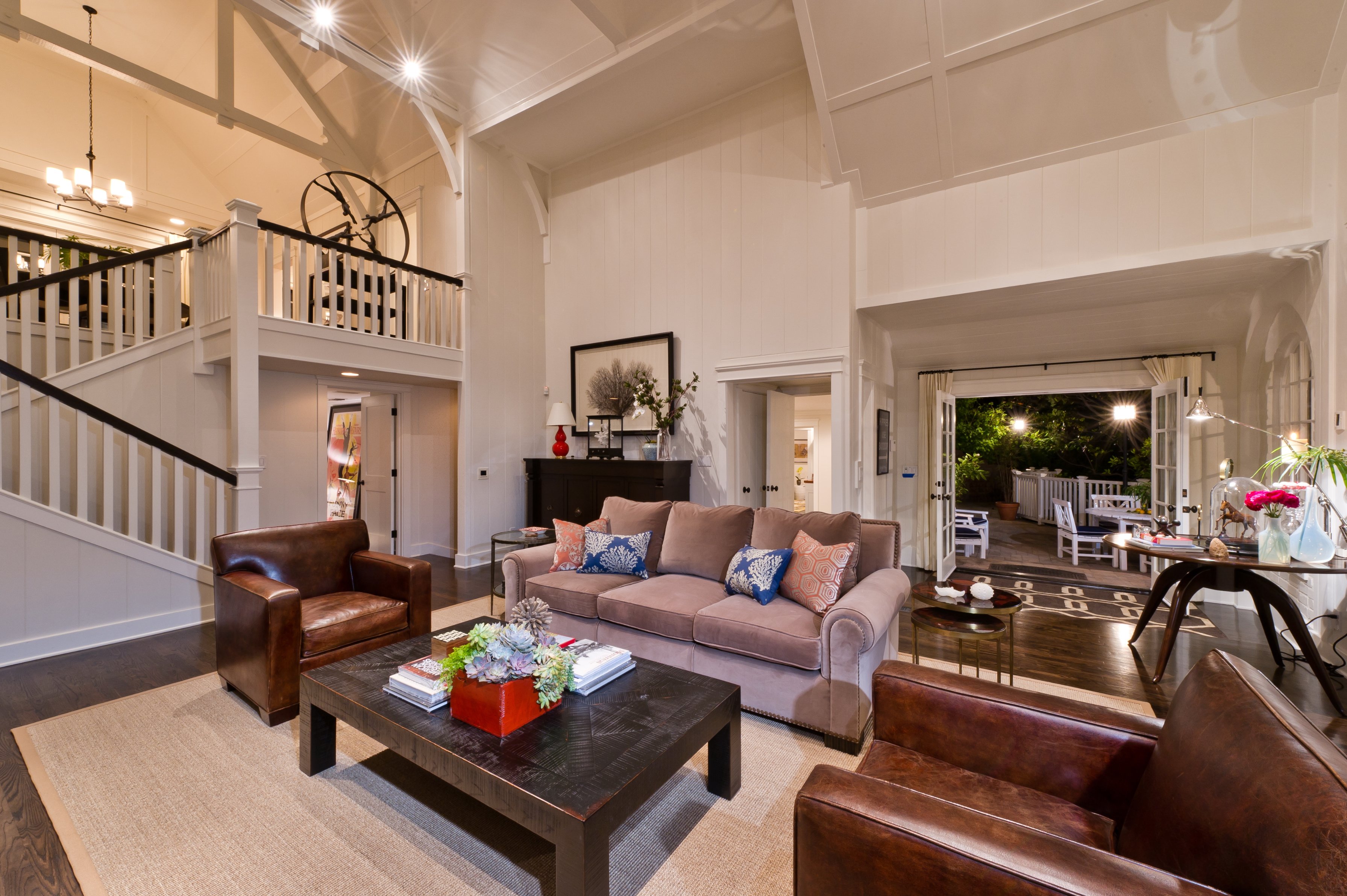 Hollywood Hills Residence living room with a vaulted ceiling and garden terrace