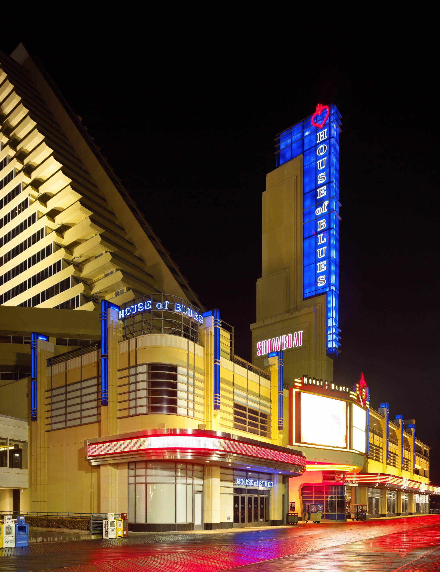 House of Blues entrance and blue-lit tower at night