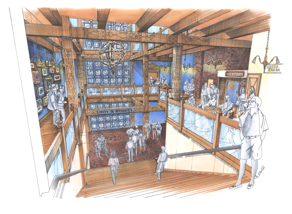 Hand-drawn design rendering of the House of Blues lobby and stair