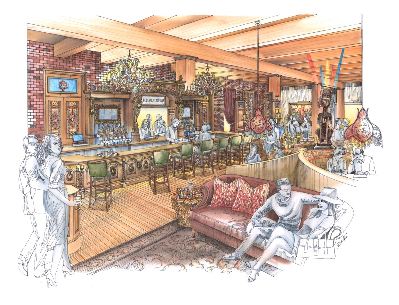 Hand-drawn design rendering of the House of Blues bar and lounge