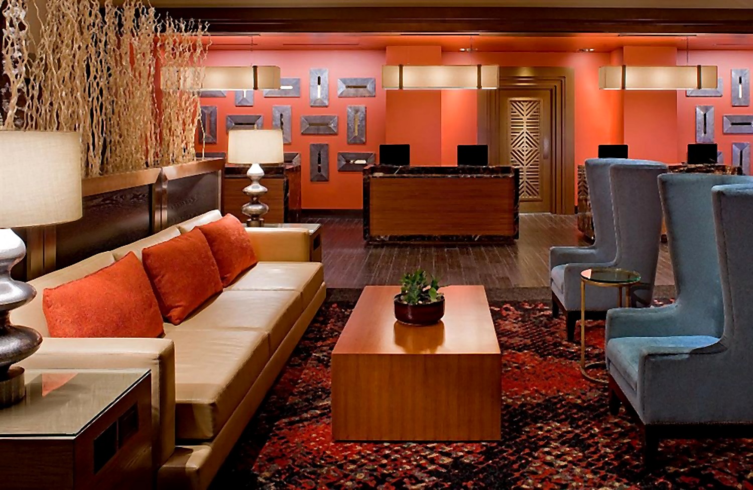 Hyatt Hotel lobby seating in orange, blue, and neutral tones