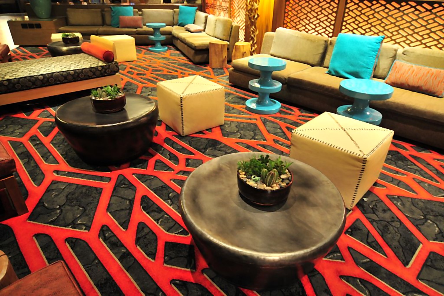 Hyatt Hotel lobby furniture grouping with colorful lounge chairs