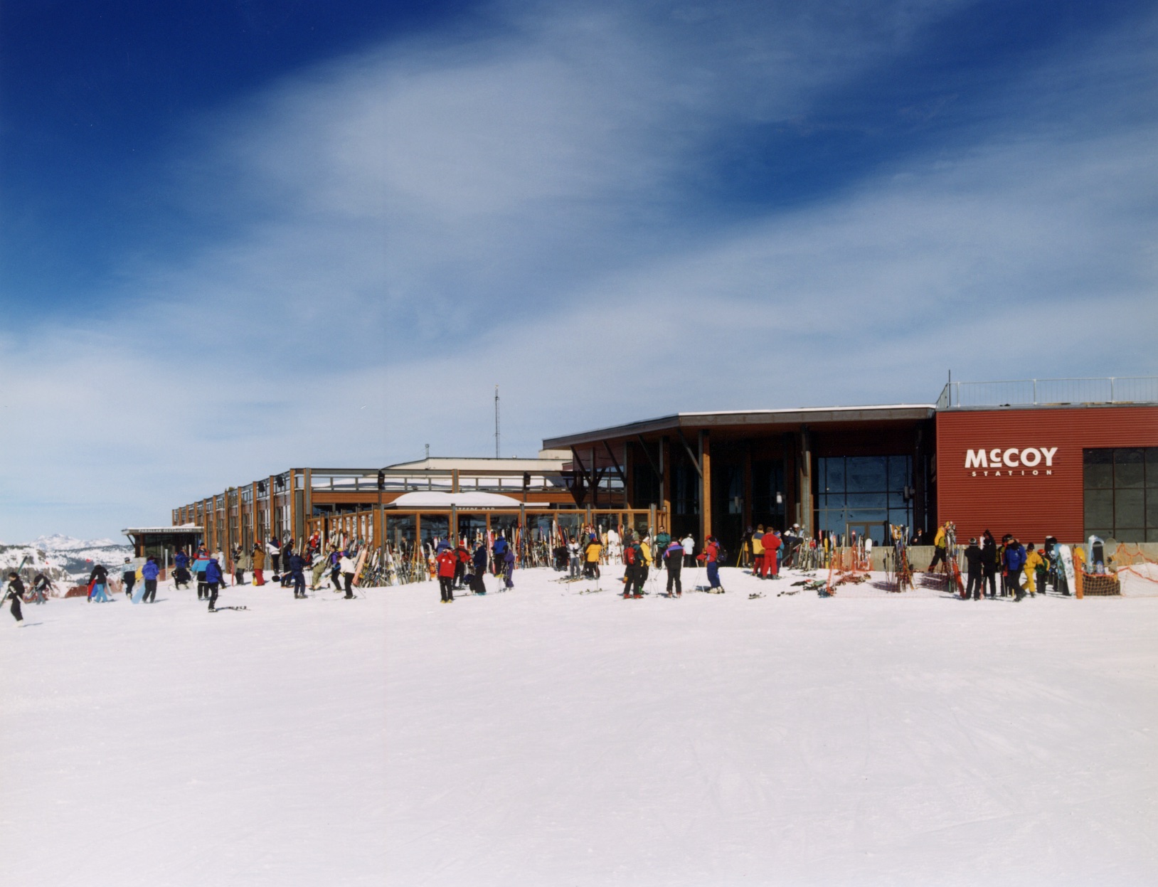 McCoy Station ski resort building set against the snowy mountain landscape