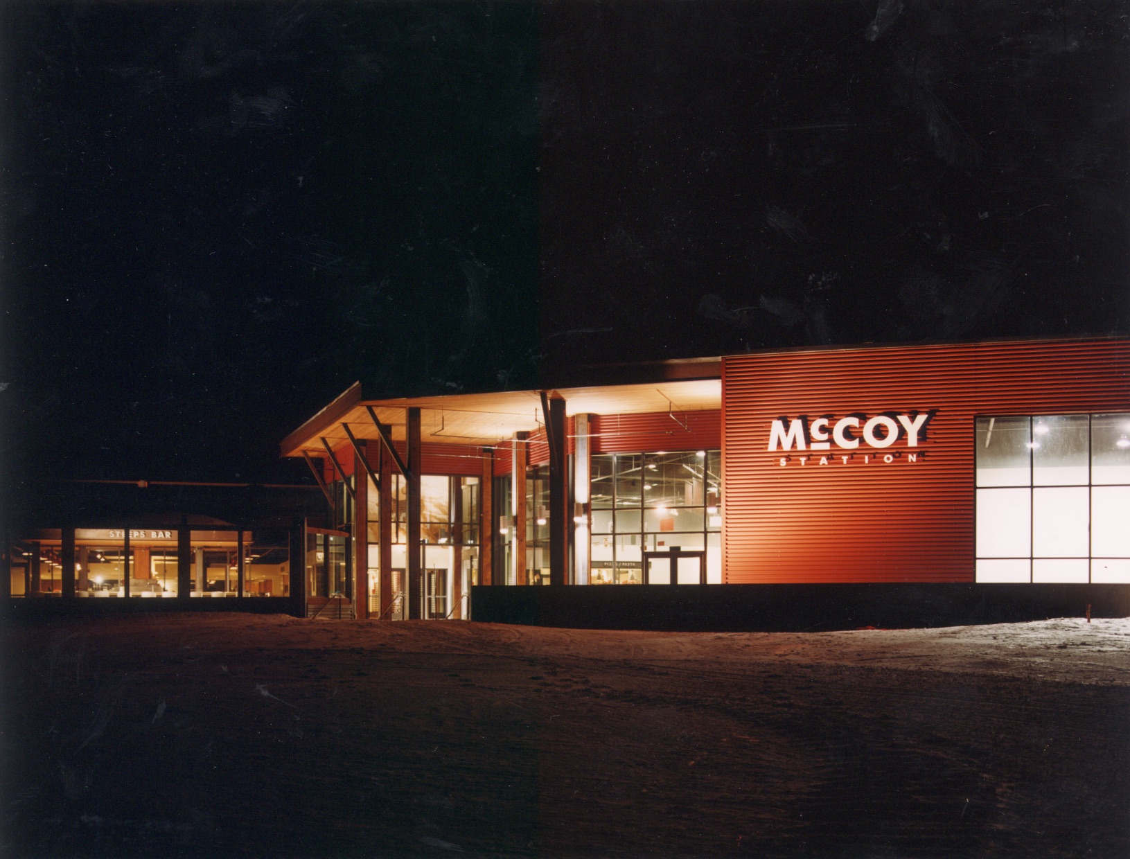 McCoy Station ski resort building illuminated at night