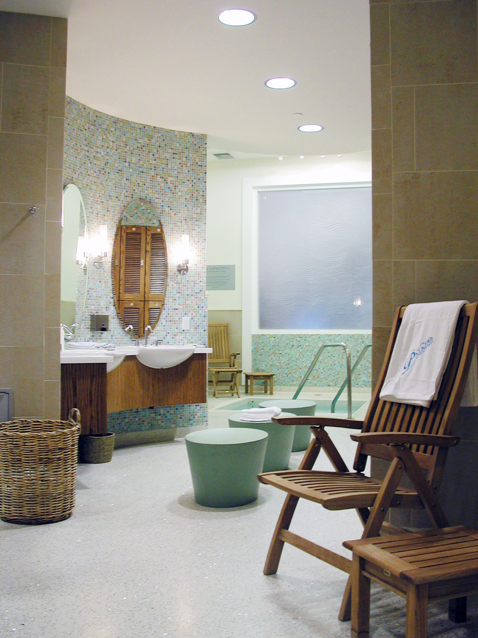 Spa at the Palazzo treatment area with pastel mosaic tile and timber seating