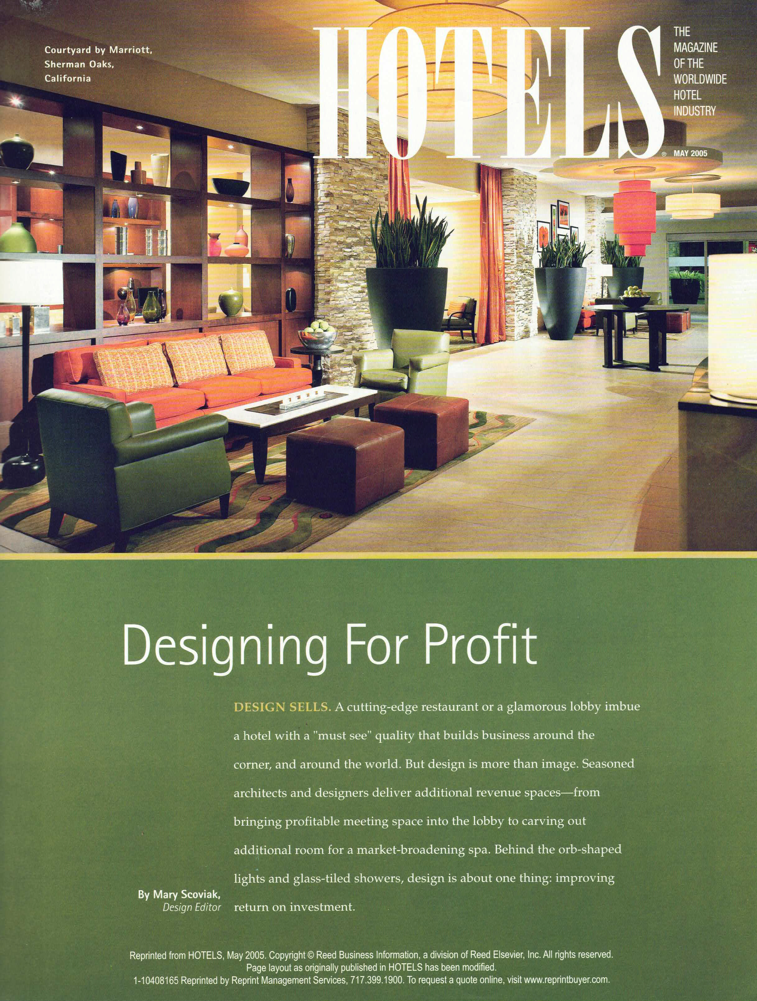 HOTELS magazine May 2005 cover featuring the lobby of the Courtyard by Marriott in Sherman Oaks, California