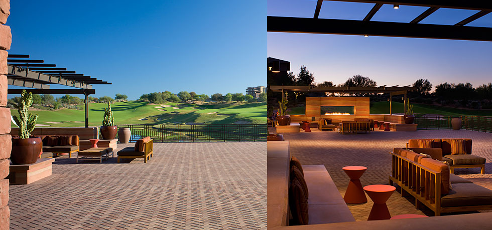 Westin Kierland terrace shown by day and at dusk with a linear fire feature
