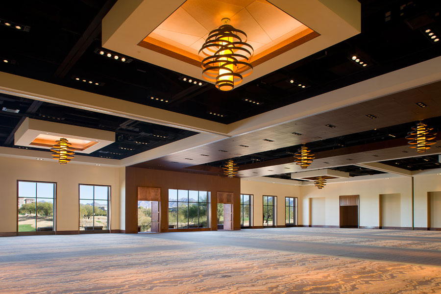 Westin Kierland event hall with sculptural pendant lights and floor-to-ceiling windows