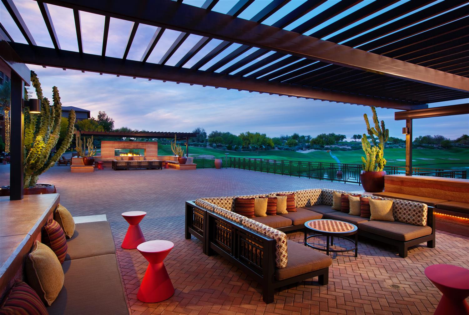 Westin Kierland Resort terrace with fireside seating overlooking the golf course