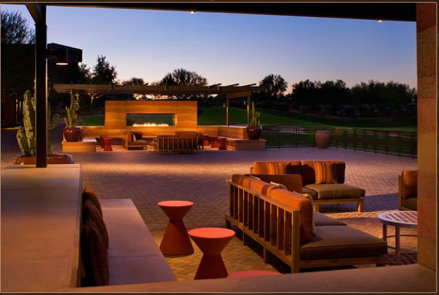 Westin Kierland terrace seating and fireplace at twilight